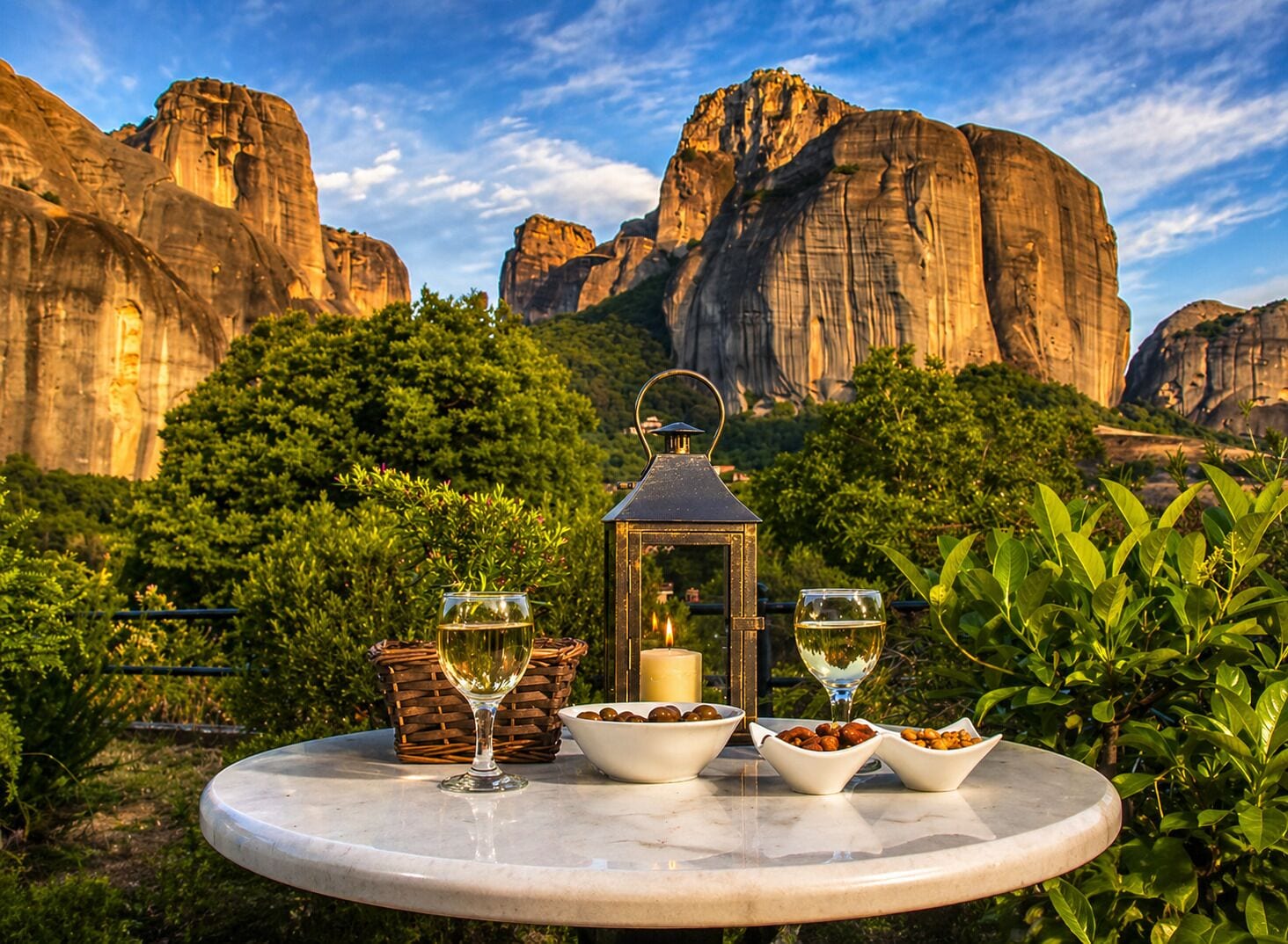 A round table with a candle, wine glasses, and bowls of nuts, set against a backdrop of rocky cliffs and greenery.
