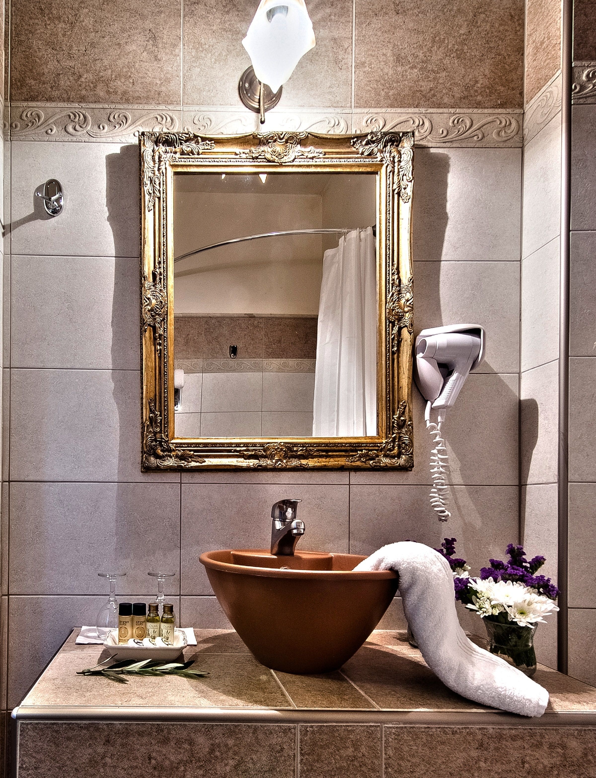 free toiletries, hair dryer, towels