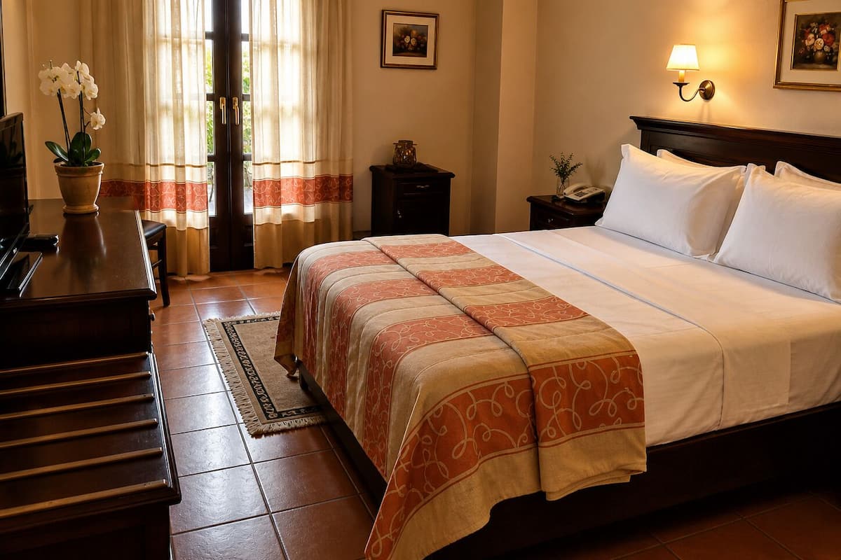 Ein Hotelzimmer mit einem Bett, einem Schreibtisch, einem Sessel, einer Zimmerpflanze, einer Tür und einem Vorhangfenster.