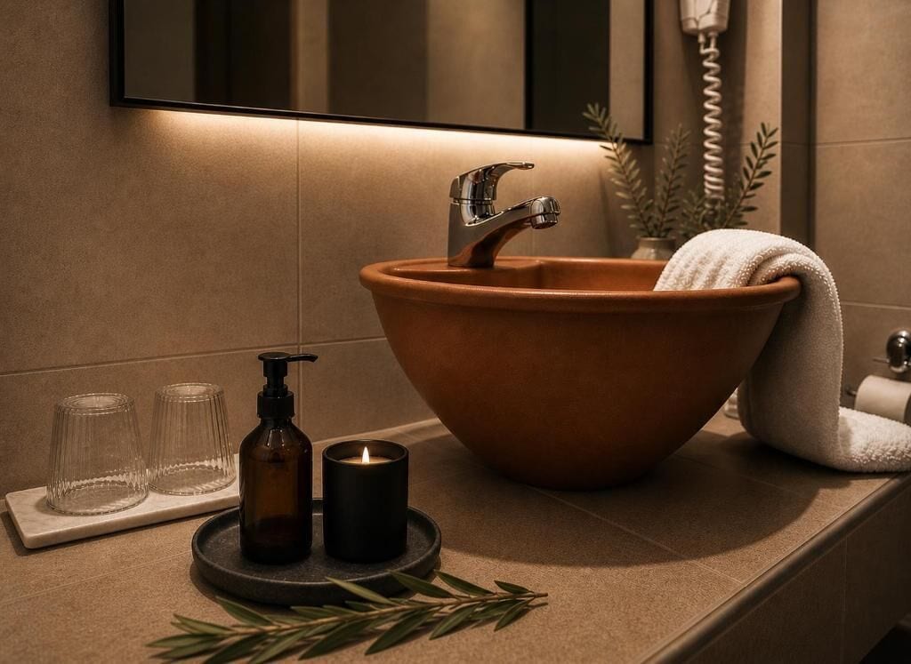 Un baño con un lavamanos grande de terracota, un espejo, una toalla y un dispensador de jabón.