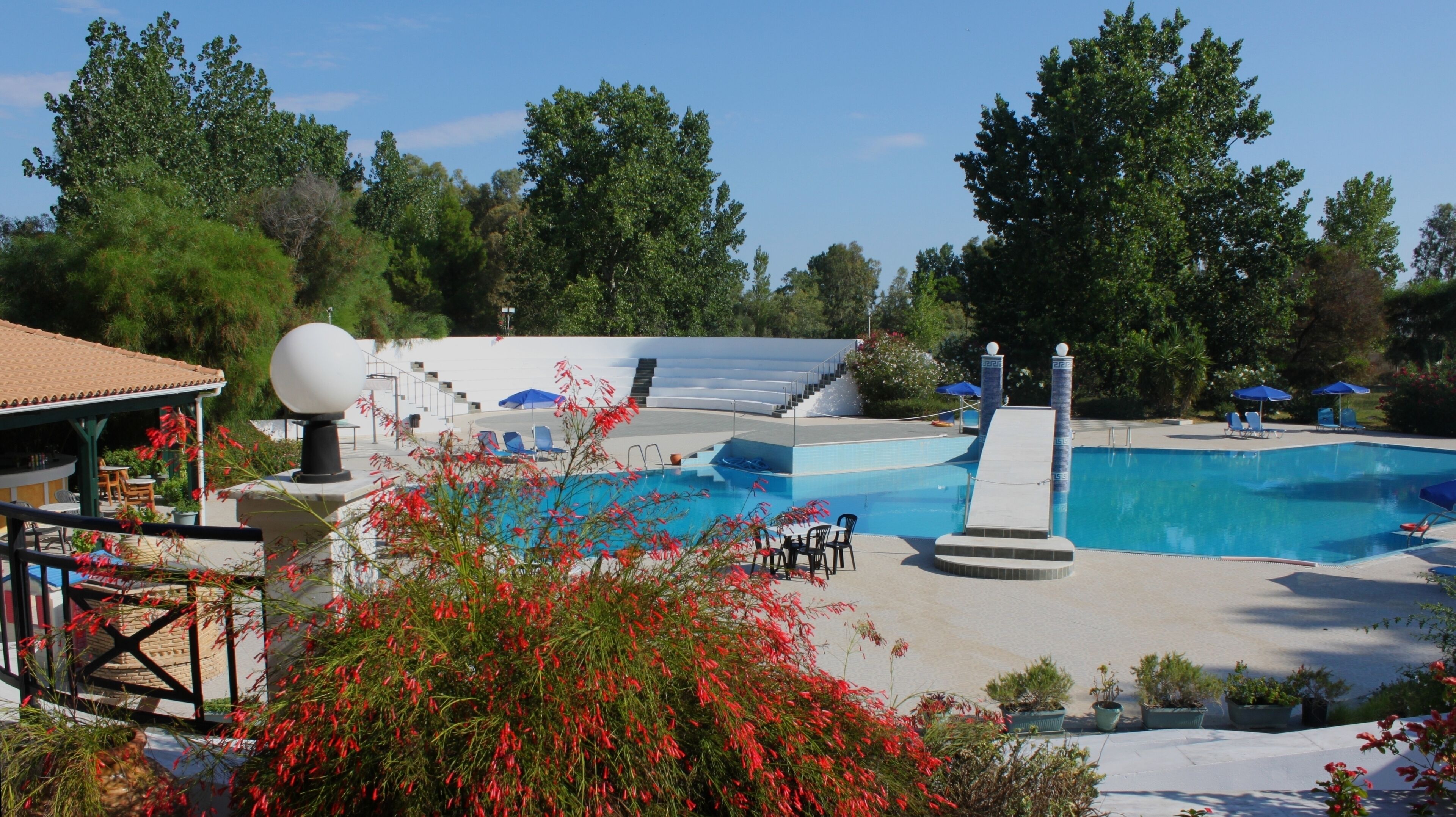 outdoor pool, pool umbrellas, pool loungers