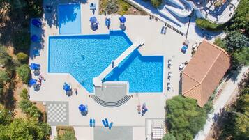 Outdoor pool, pool umbrellas, pool loungers