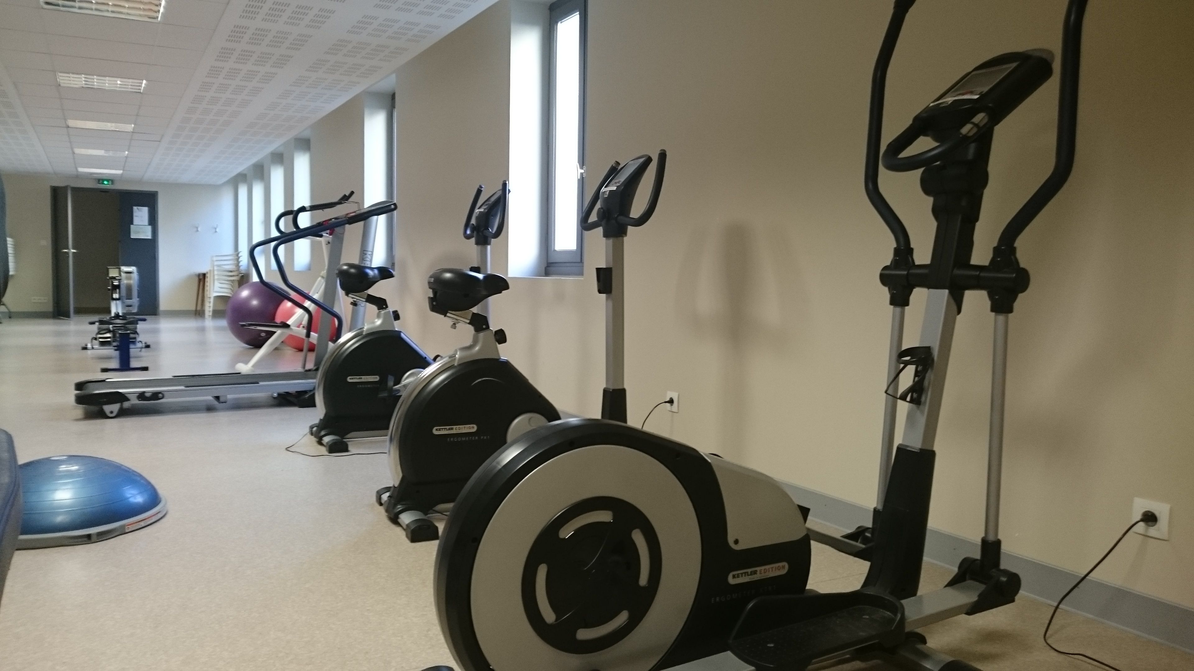 A gym with stationary bikes, treadmills, and exercise balls.