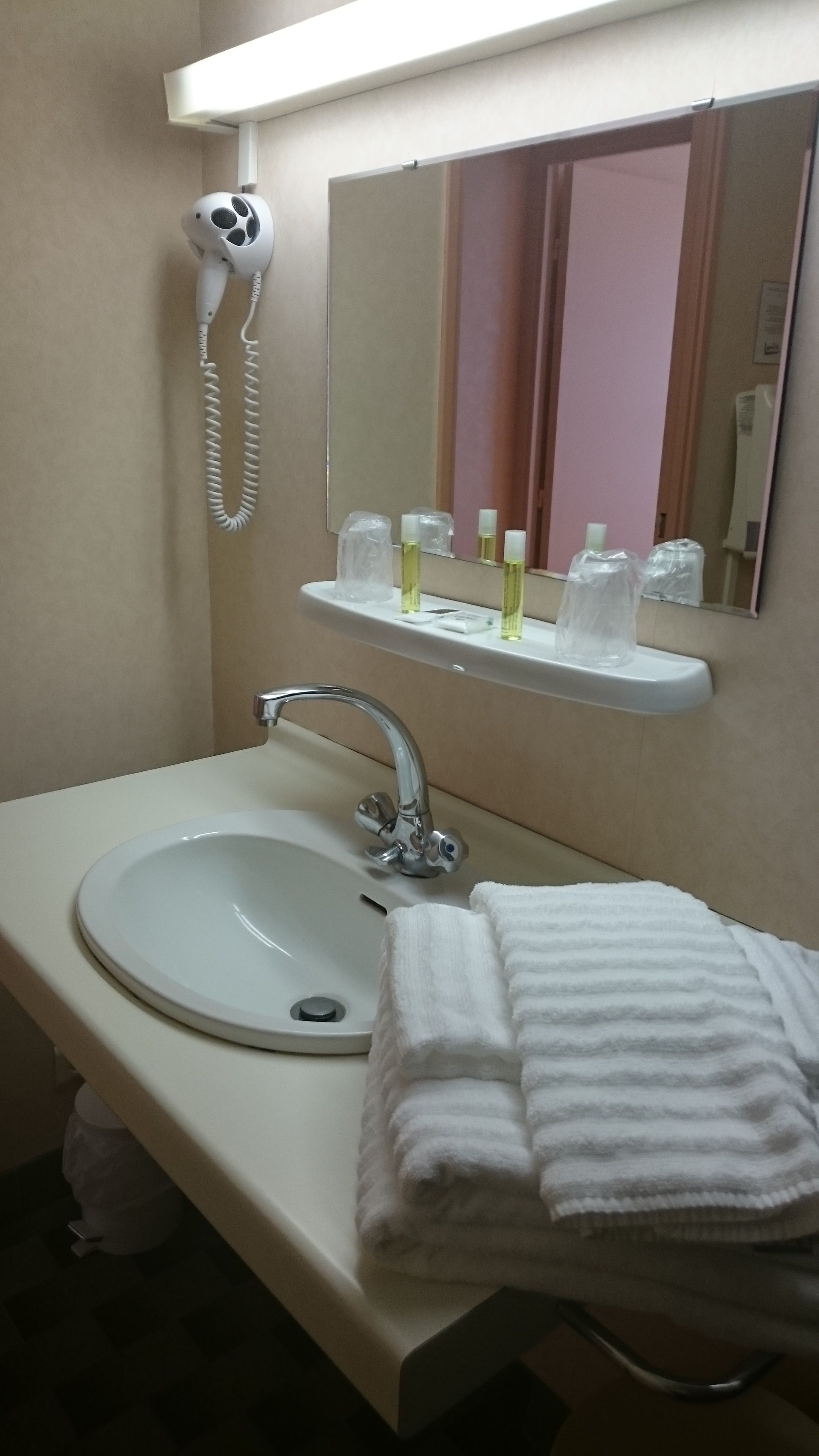 A bathroom with a white sink, a mirror, a hairdryer, and a towel rack.