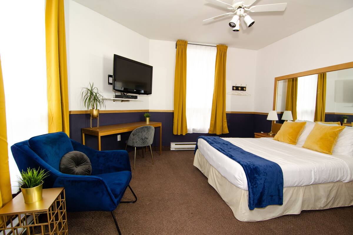 Une chambre d’hôtel équipée d’un lit, d’un bureau, d’une chaise, d’une télévision et d’un ventilateur de plafond.