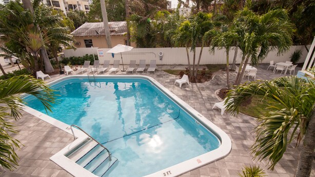 A rectangular pool with a 3 FT depth, surrounded by white lounge chairs and palm trees.