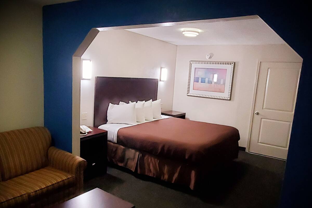 A hotel room with a single bed, a nightstand, a chair, and a desk.