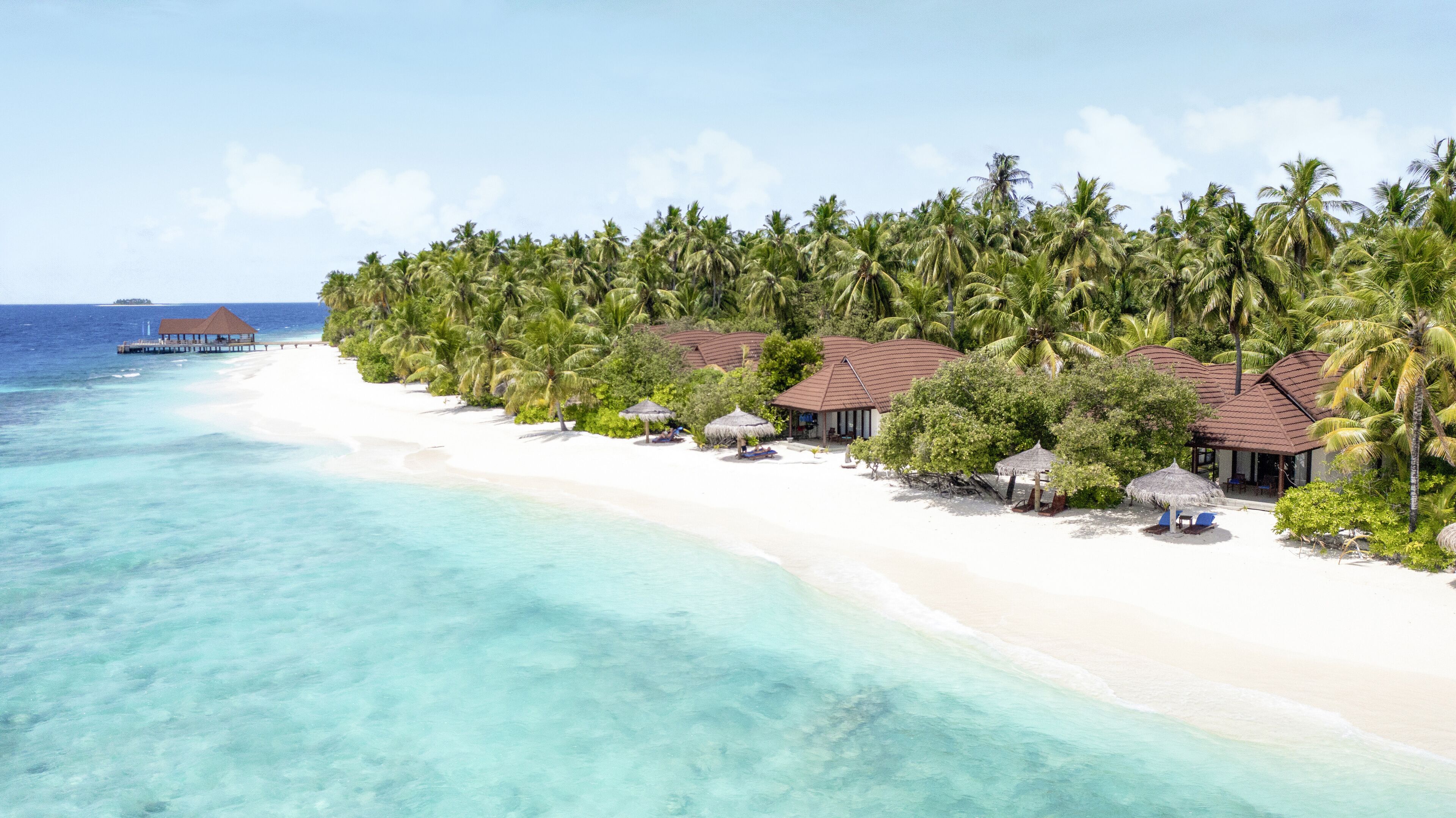 Un resort en la playa con bungalows sobre el agua, aguas turquesas cristalinas y exuberantes palmeras.
