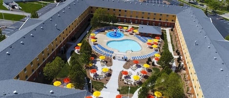 Outdoor pool, pool umbrellas, pool loungers