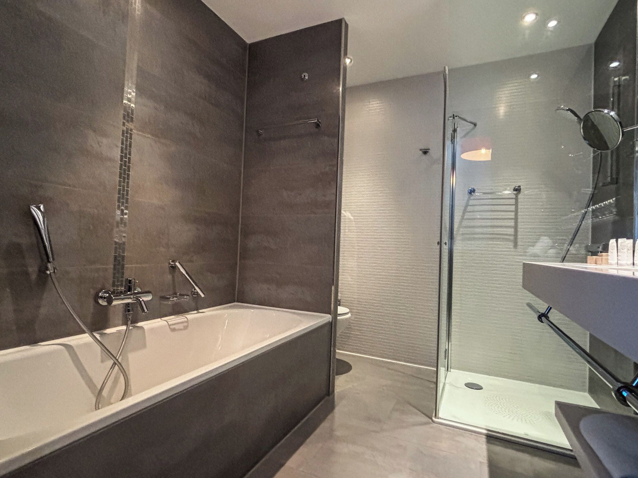 A modern bathroom with a freestanding bathtub, a glass shower enclosure, and a visible toilet.