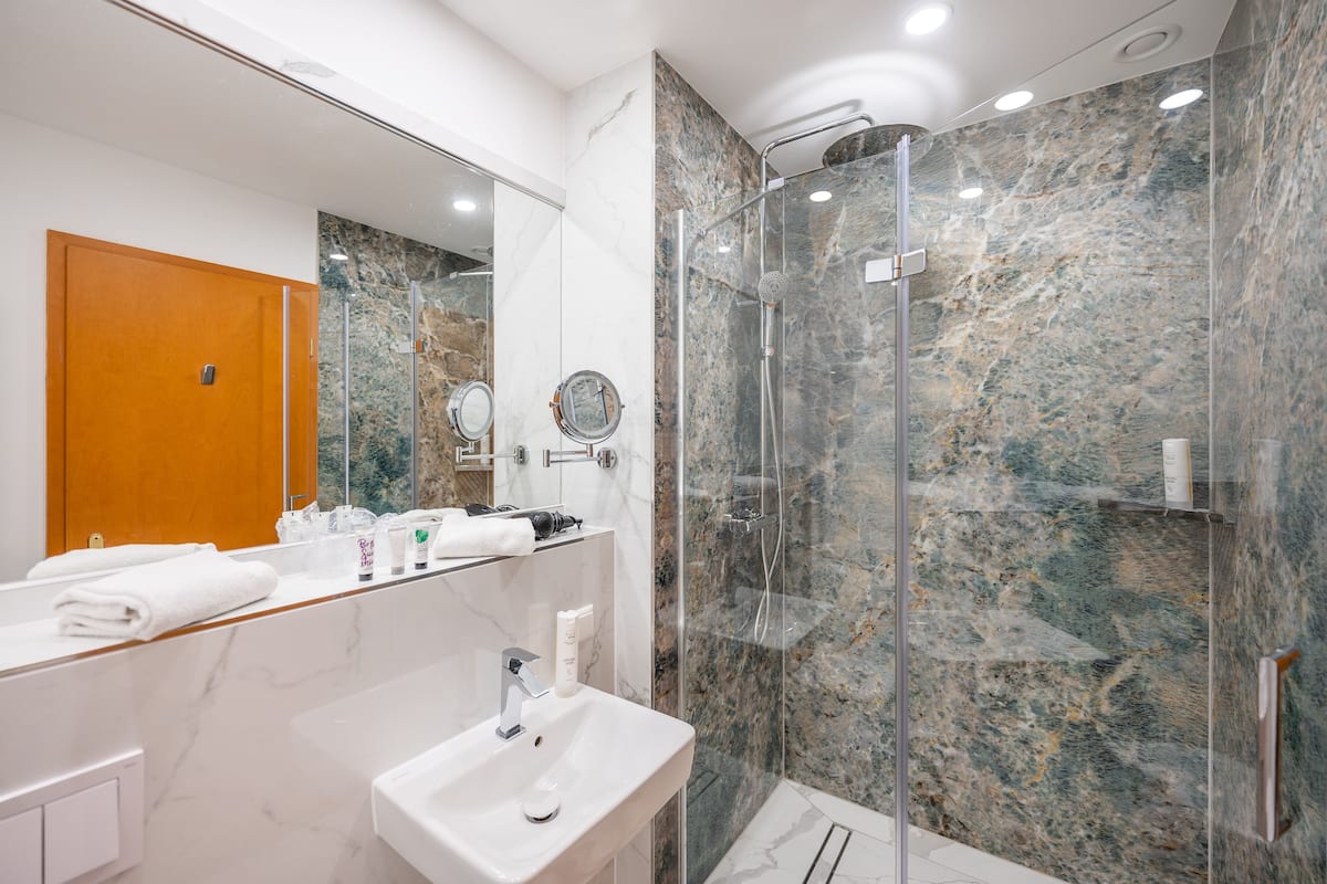 free toiletries, hair dryer, bathrobes, towels