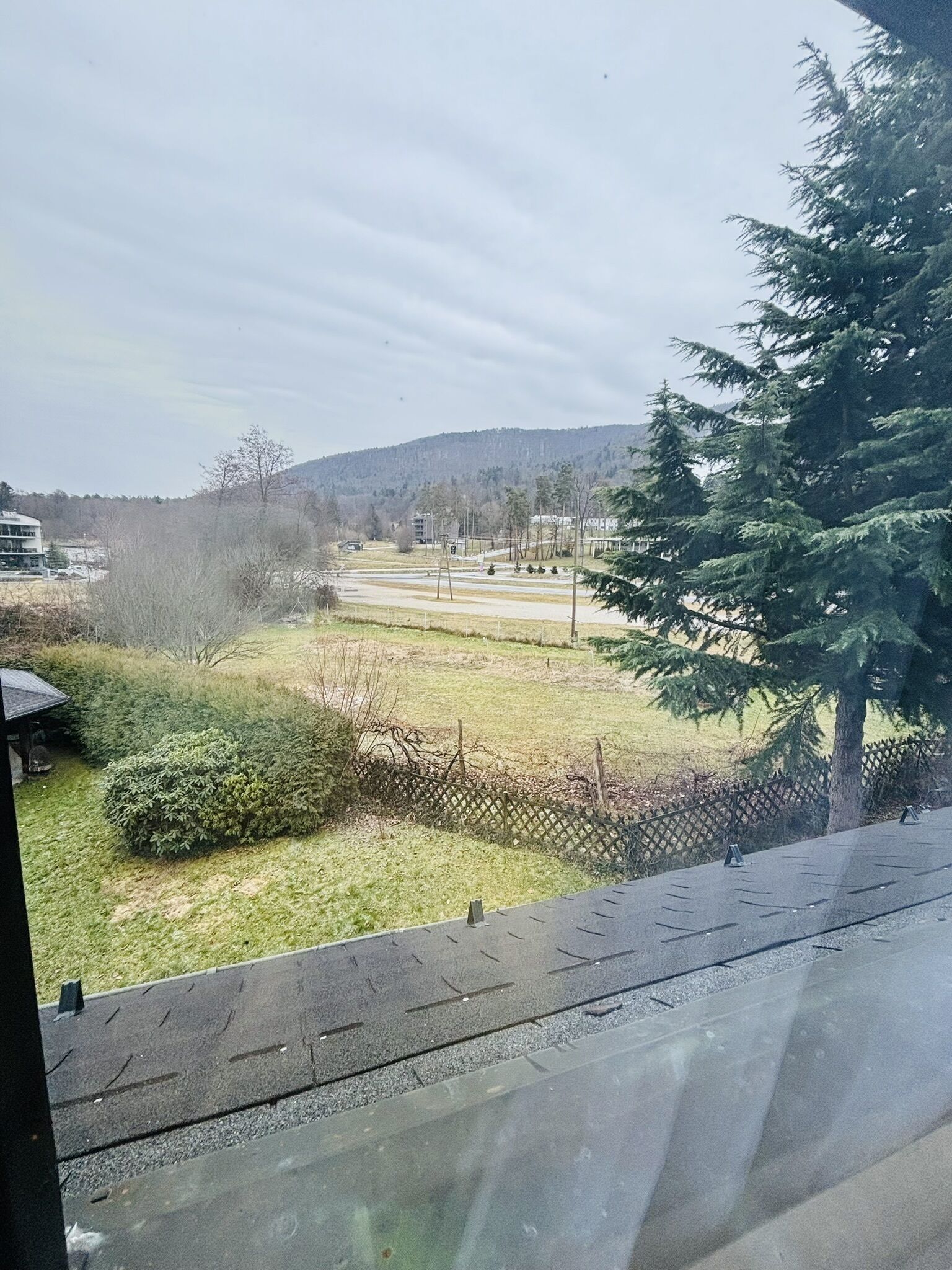 A view from a window overlooking a grassy area with a road, trees, and a distant hill.
