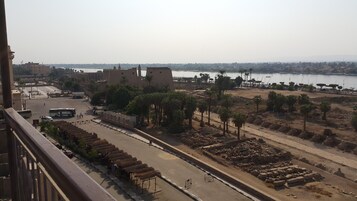 Vista de un paisaje urbano con río, palmeras y un amplio espacio con ruinas.