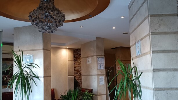 A lobby with a modern chandelier, large pillars, and potted plants. - Susanna (Luxor)
