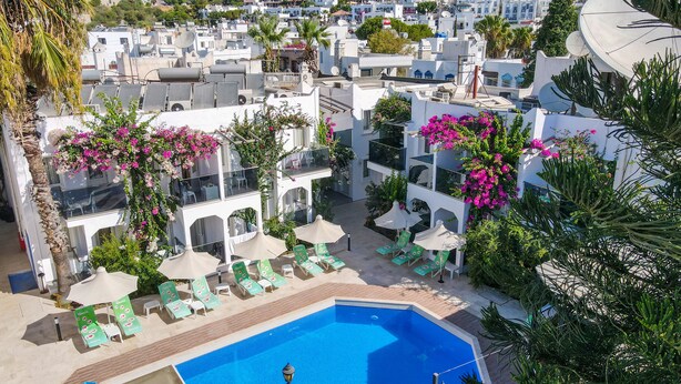 Zona de piscina en la azotea con sillones de descanso y una piscina, rodeada de edificios blancos y follaje.
