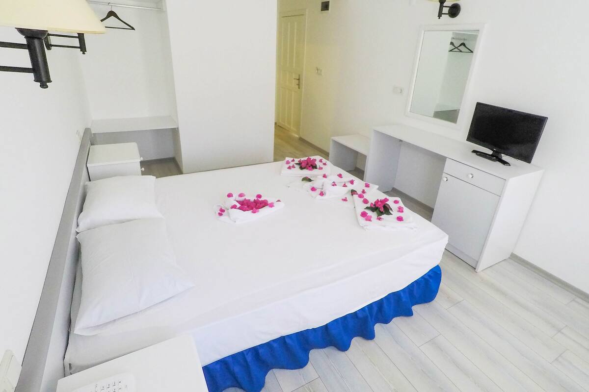 Une chambre d’hôtel avec un lit, un bureau, une télévision et un miroir.