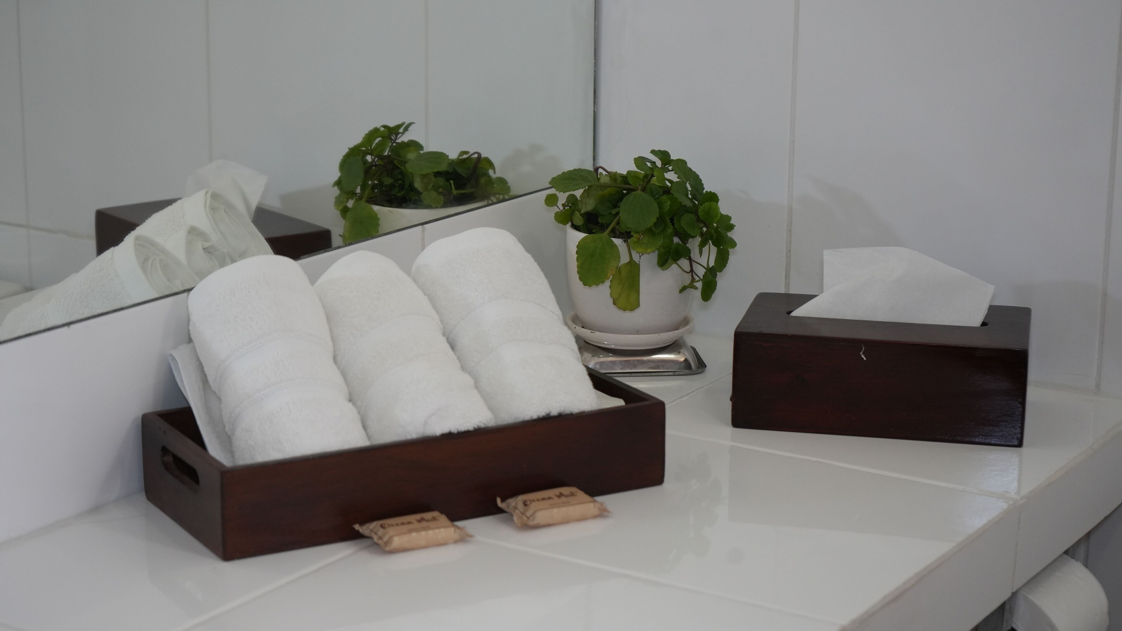 A bathroom with a wooden box containing white towels, a tissue box, and a potted plant.