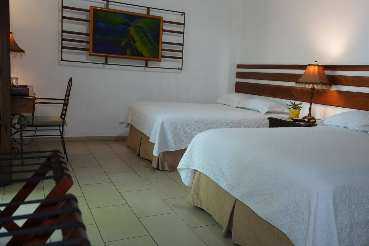Habitación de hotel con dos camas individuales, cabecera de madera, mesita de noche con lámpara, una silla, un cuadro en la pared y una pequeña planta en maceta.