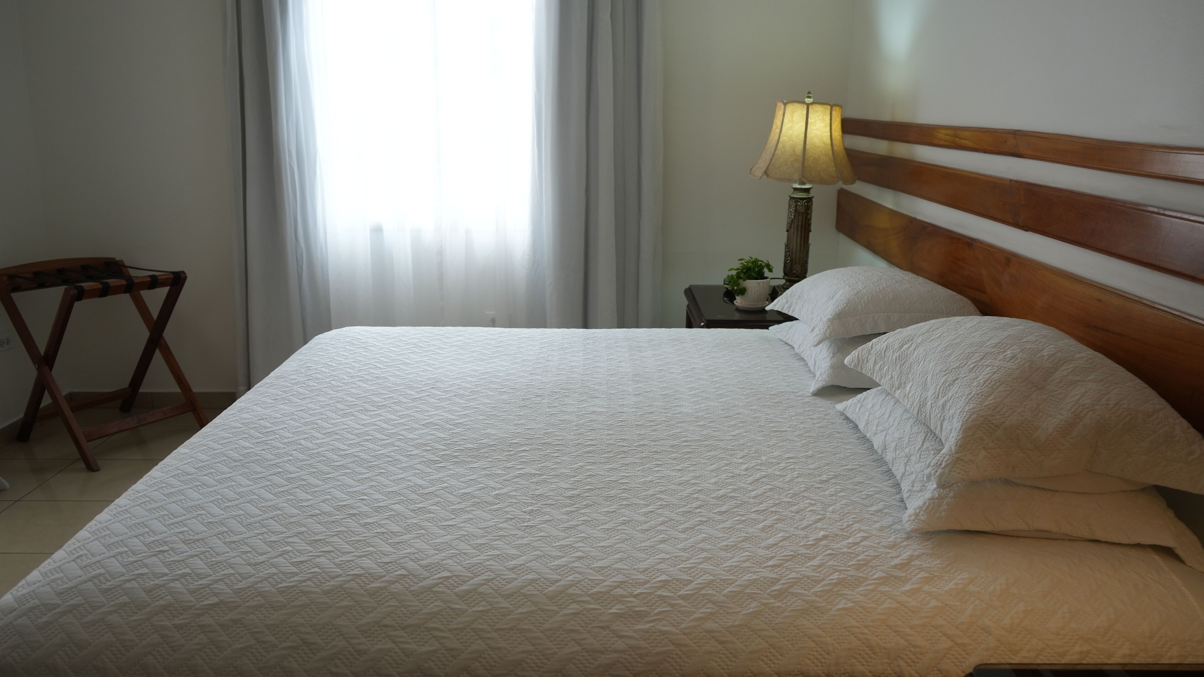 Un lit bien fait, avec une tête de lit en bois, une lampe de chevet et une petite table sur laquelle est posée une plante.