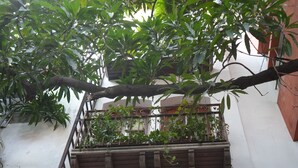 Un edificio con dos puertas de madera y un balcón con plantas.