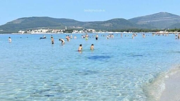 A beach with clear shallow waters and a distant mountain range.