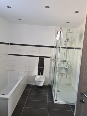 Douche, séchoir à cheveux, serviettes fournies