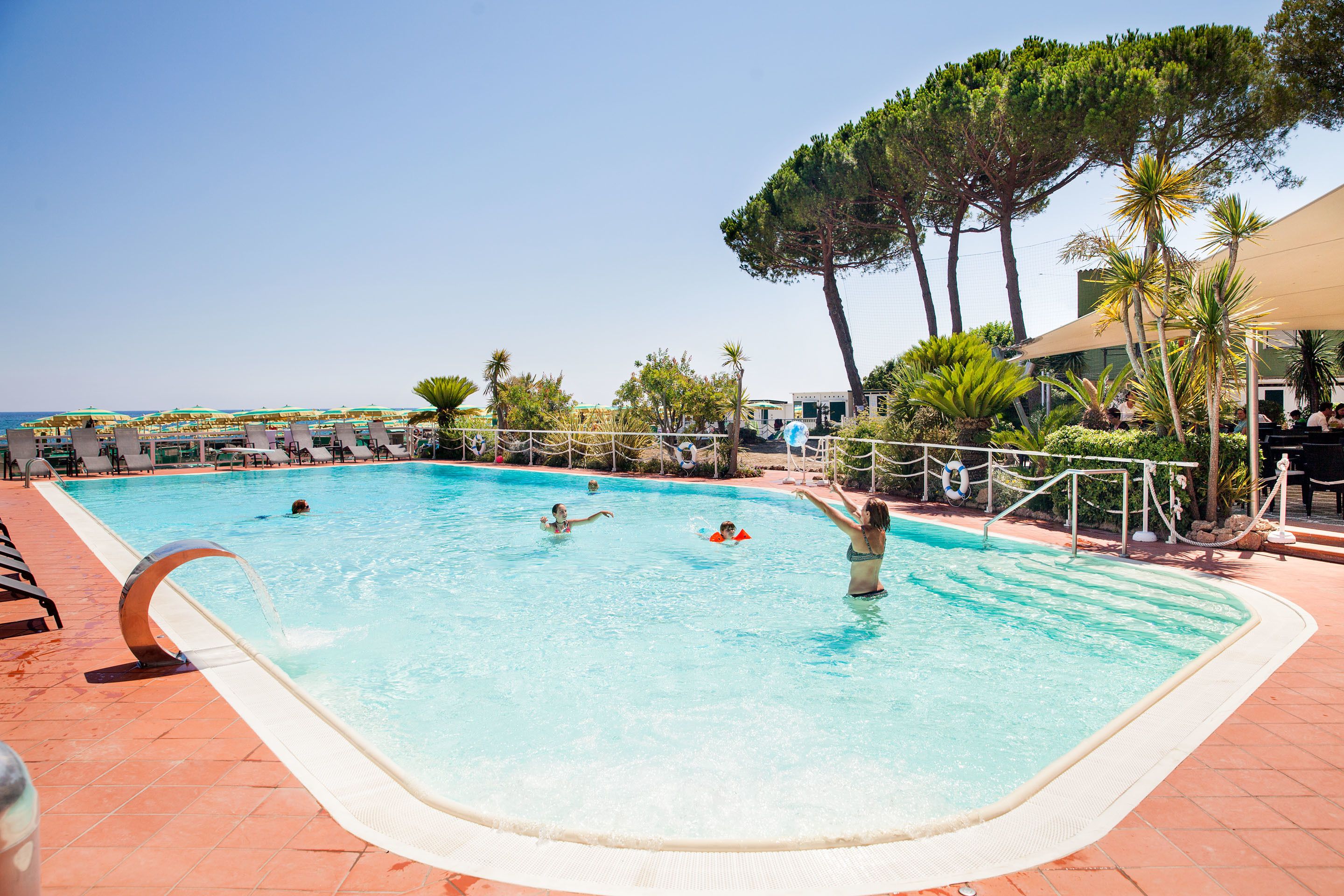 A swimming pool with multiple people, surrounded by lounge chairs and palm trees.