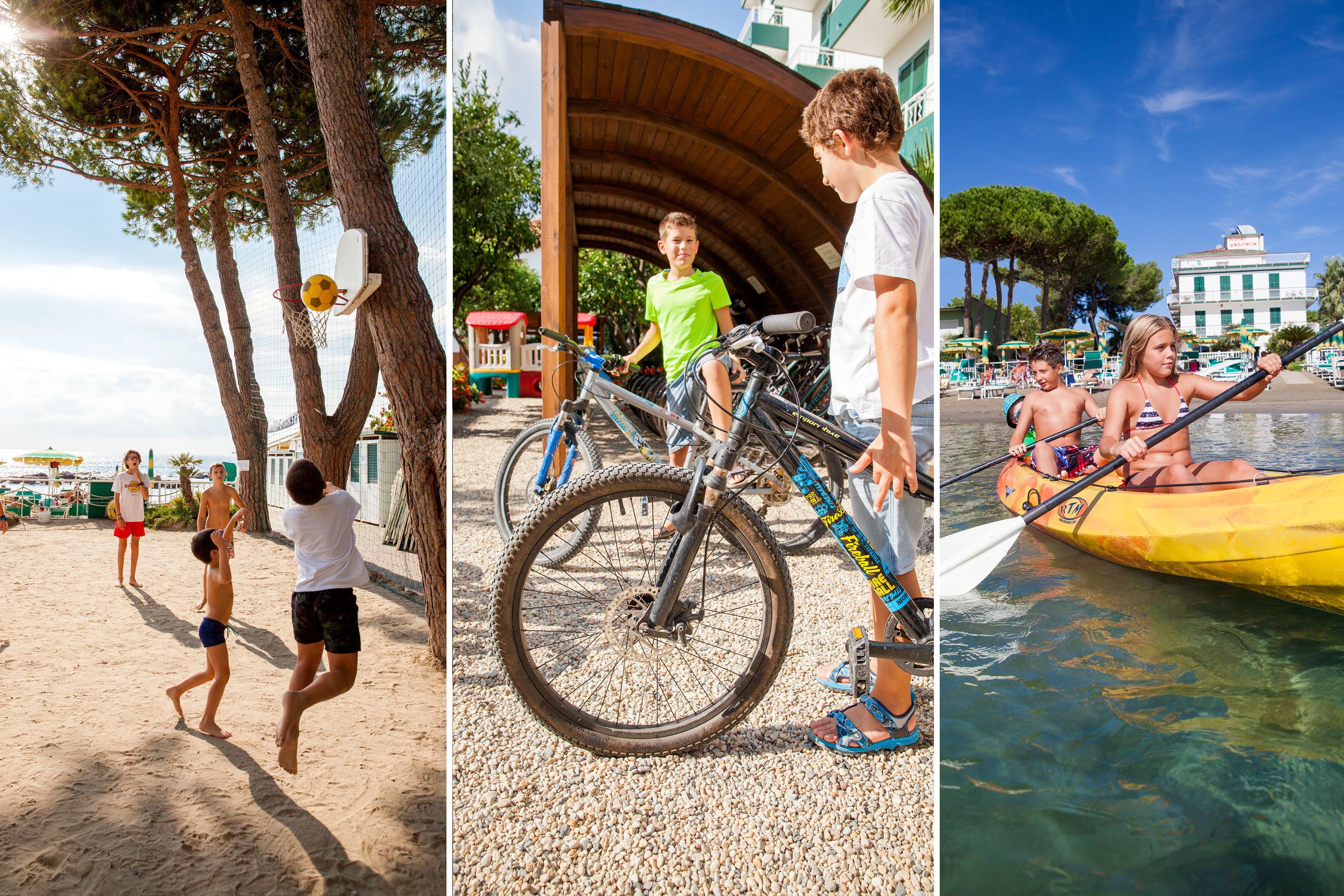 A beach scene with a bicycle, a kayak, and people engaging in various activities.