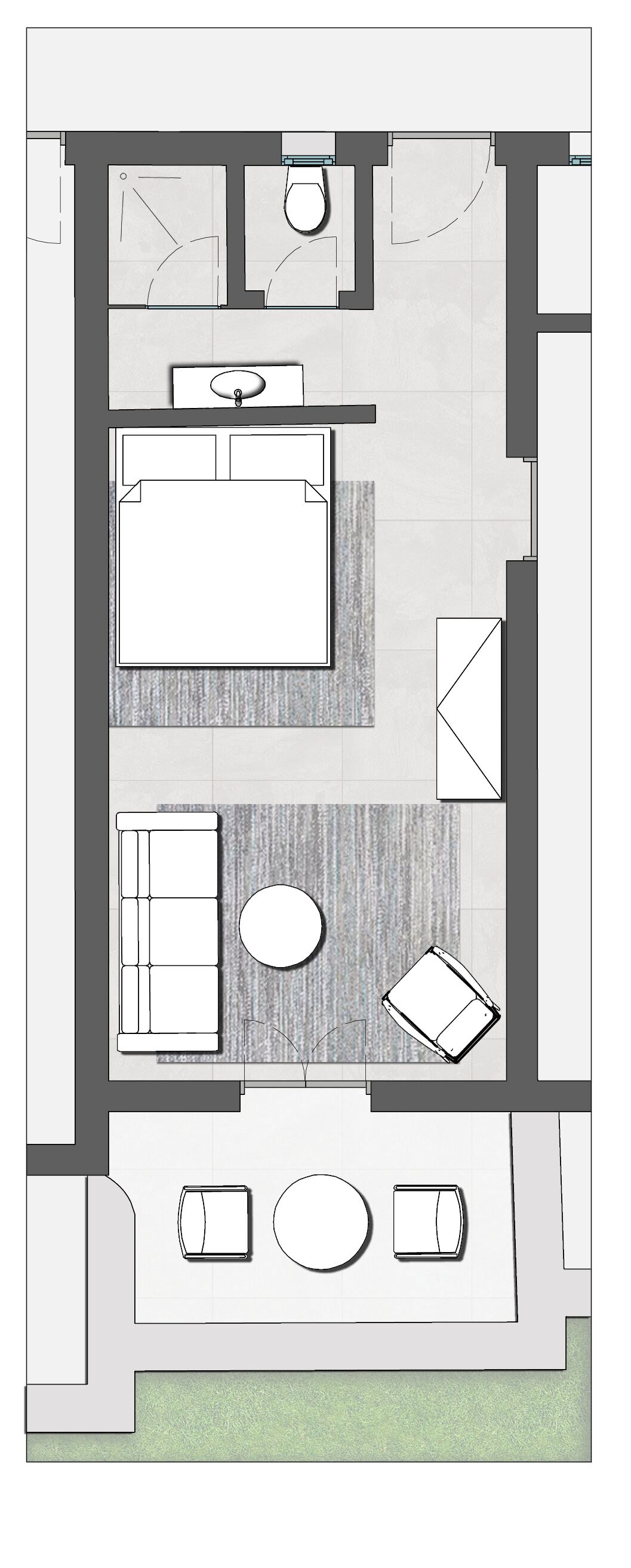 A floor plan of a hotel room with a bed, a desk, a chair, a small table, and a sofa.