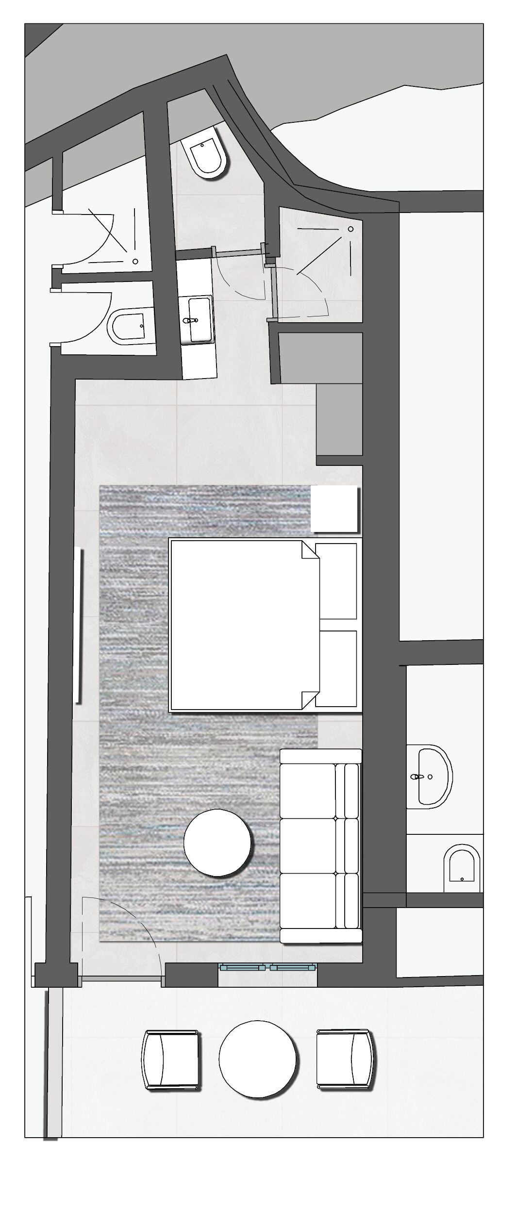 Plano de un cuarto de hotel moderno con una cama grande, un escritorio, una silla, un guardarropa y un baño.