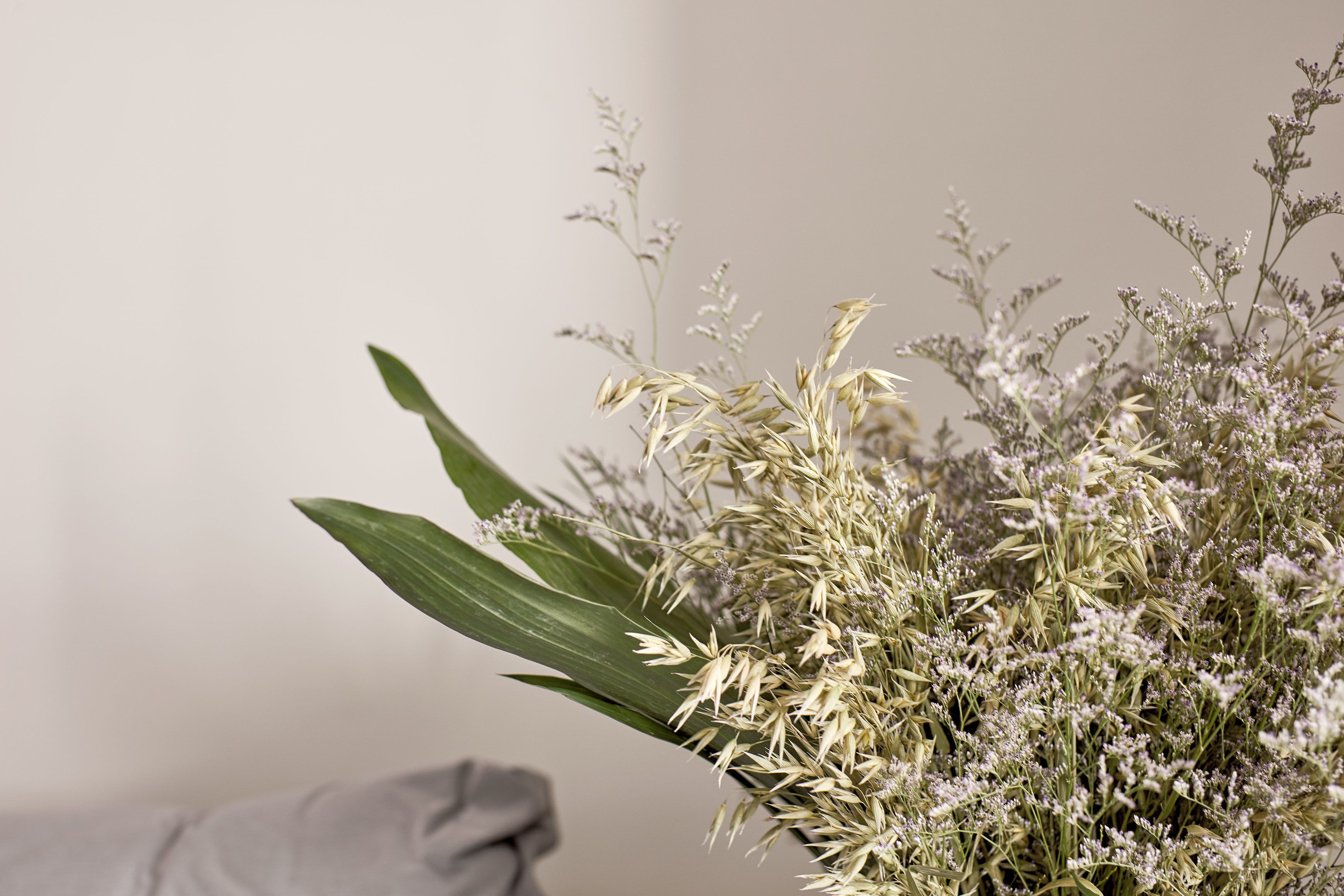 A bouquet of dried flowers with green leaves, placed on a surface with a neutral-toned pillow in the background.