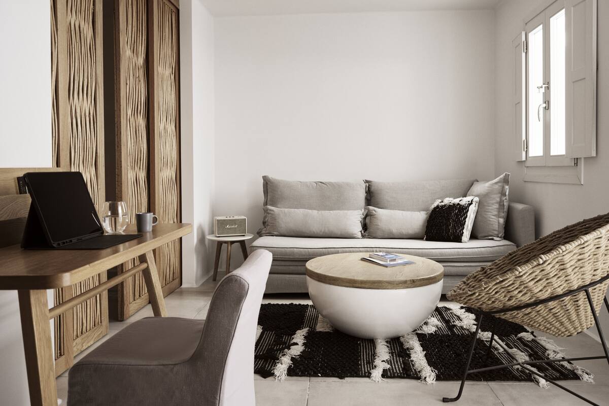 A modern living room with a sofa, a round coffee table, a laptop, and a small side table with a speaker.