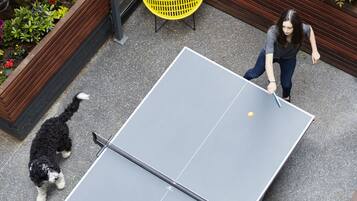 A ping pong table set up outdoors with a wooden deck and garden beds.