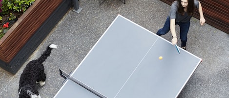 A ping pong table set up outdoors with a wooden deck and garden beds.