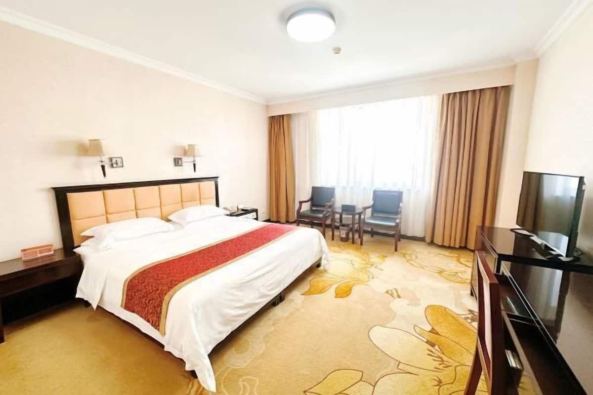 A hotel room with a large bed, a desk with a TV, and a chair.