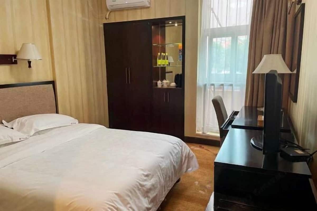 A hotel room with a bed, a desk, a wardrobe, a mirror, and a window with curtains.