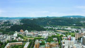 A cityscape with a mix of residential and commercial buildings, surrounded by green hills.