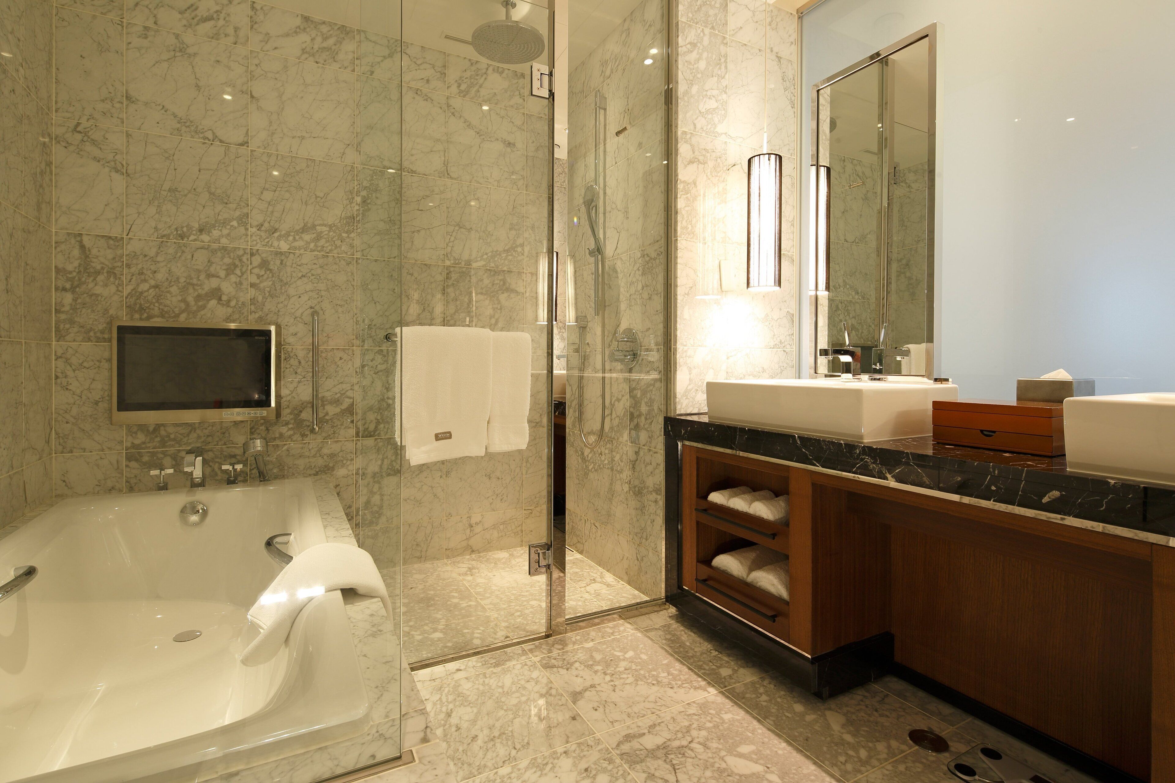 Un baño moderno con una bañera grande, una ducha con cerramiento de vidrio y un tocador con espejo.