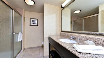 A modern bathroom with a glass shower enclosure, a sink with a granite countertop, and a large mirror above the sink.