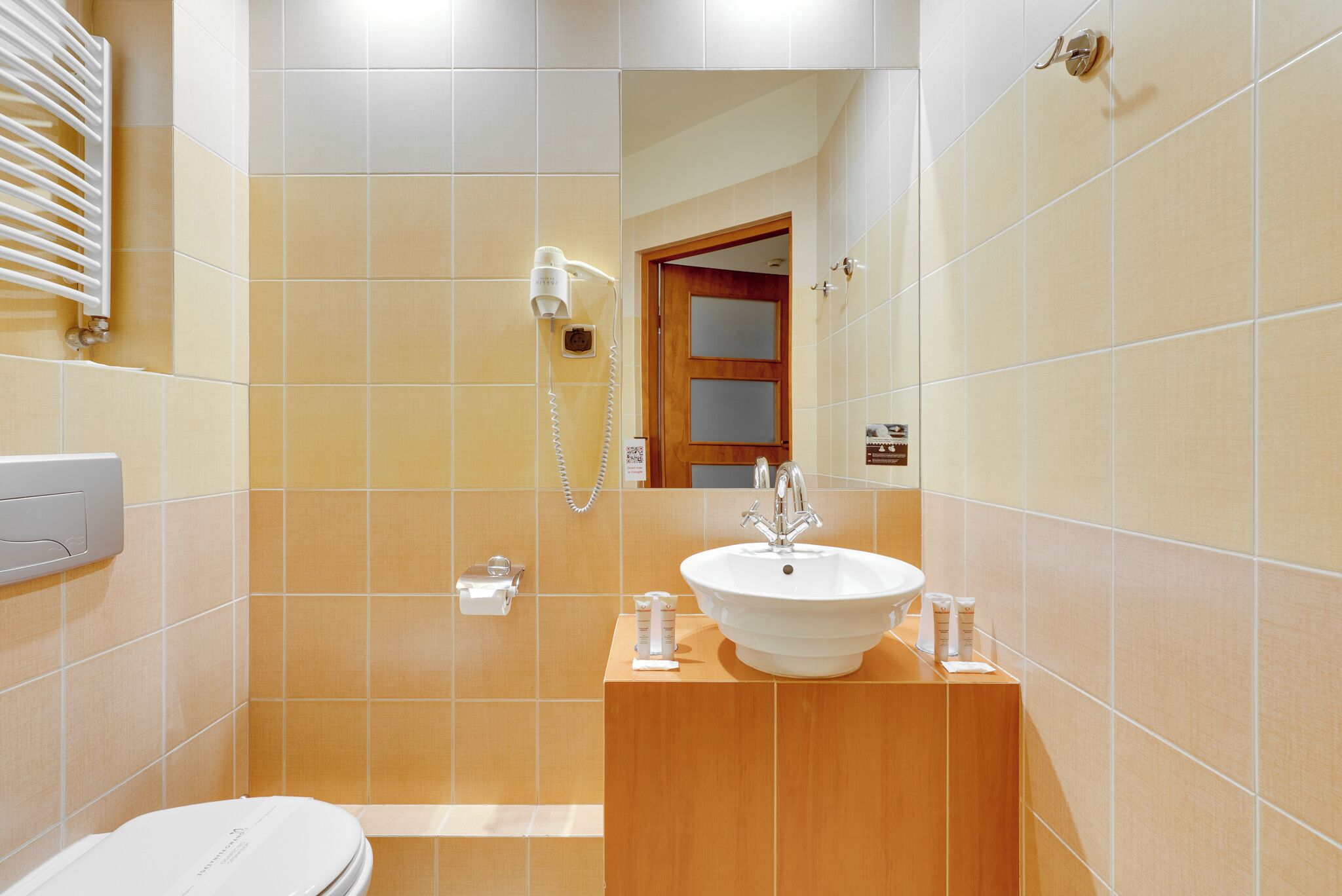 A bathroom with a white sink, a mirror, a hairdryer, and a toilet.