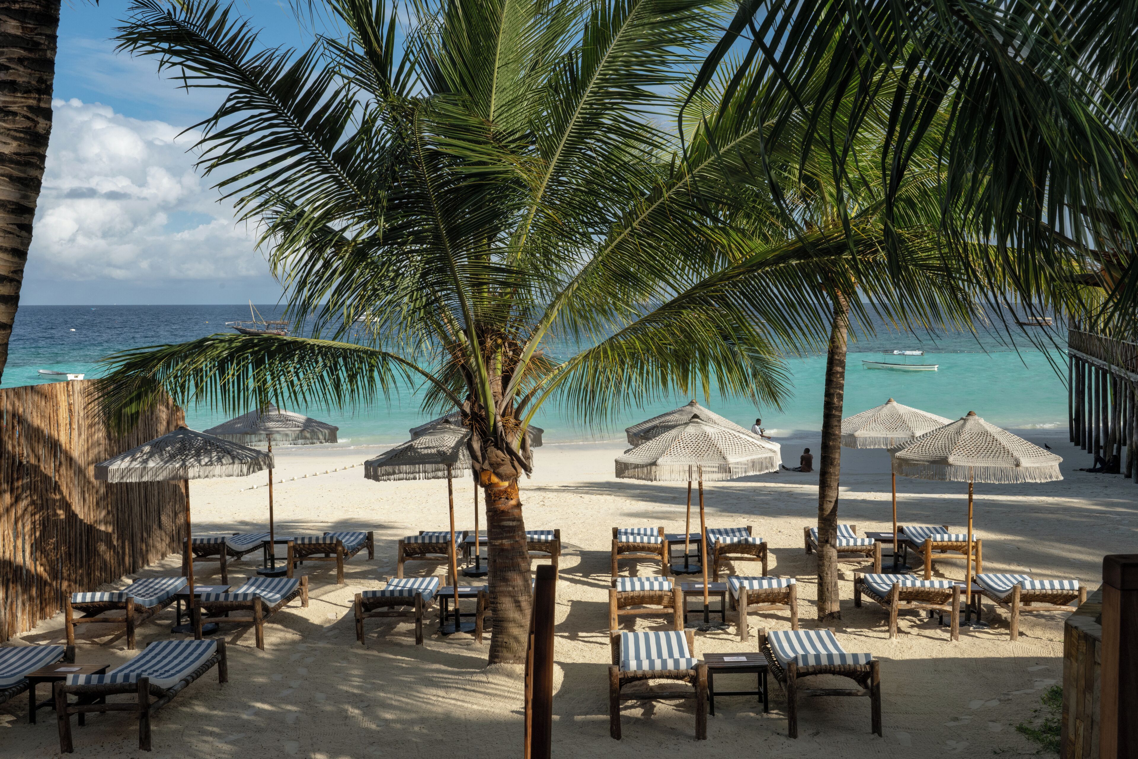 A beach with lounge chairs and thatched umbrellas, a palm tree, and a view of the ocean.