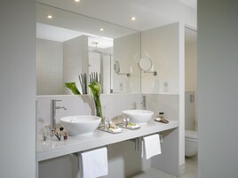 Eco-friendly toiletries, hair dryer, towels, soap