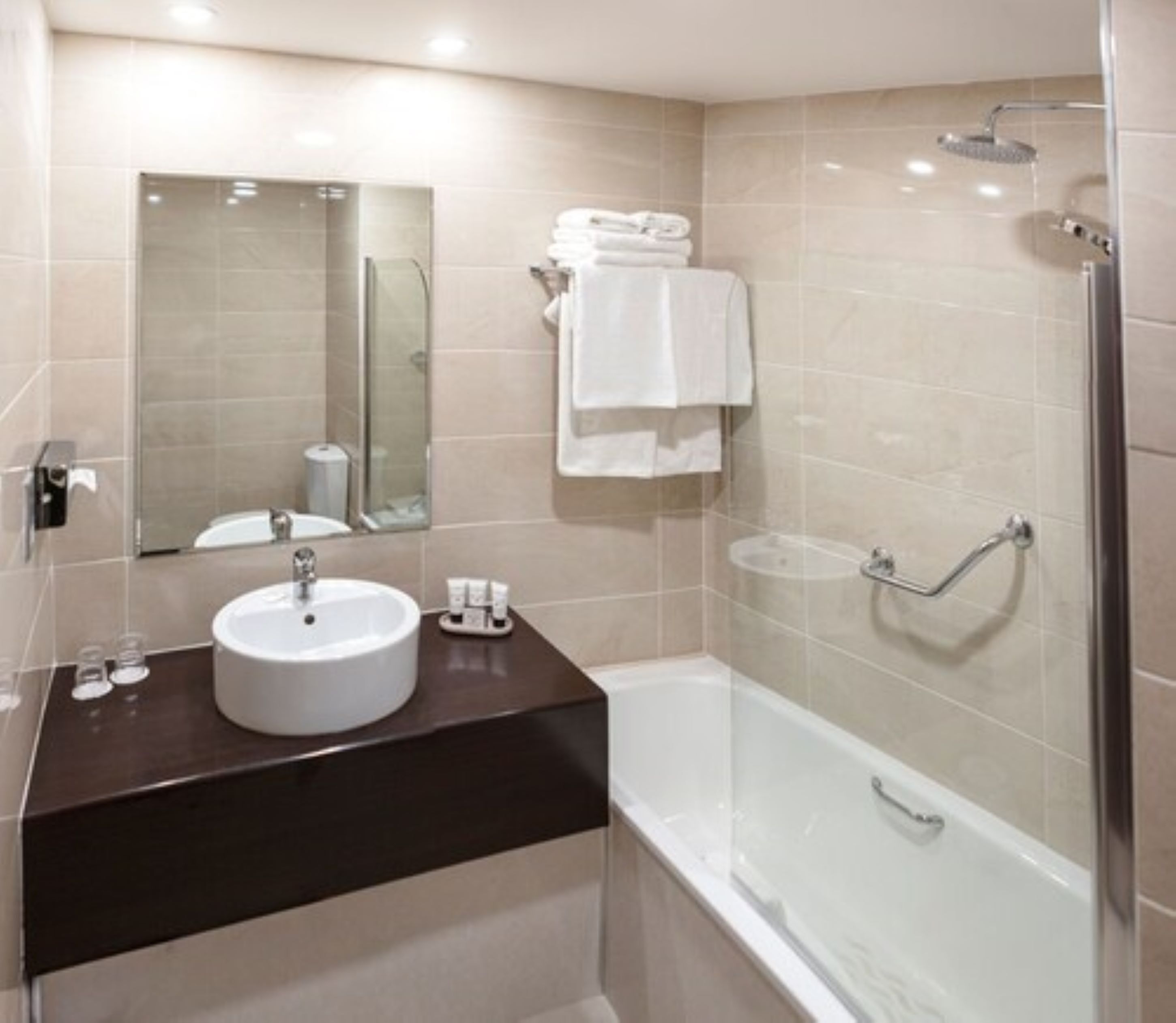 combined shower/bathtub, free toiletries, hair dryer, towels