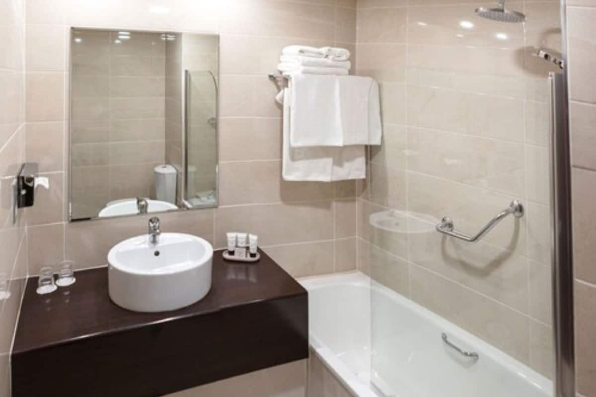 combined shower/bathtub, free toiletries, hair dryer, towels