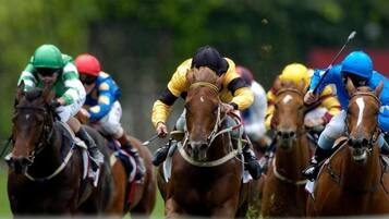 Une course de chevaux avec des jockeys portant des tenues colorées.