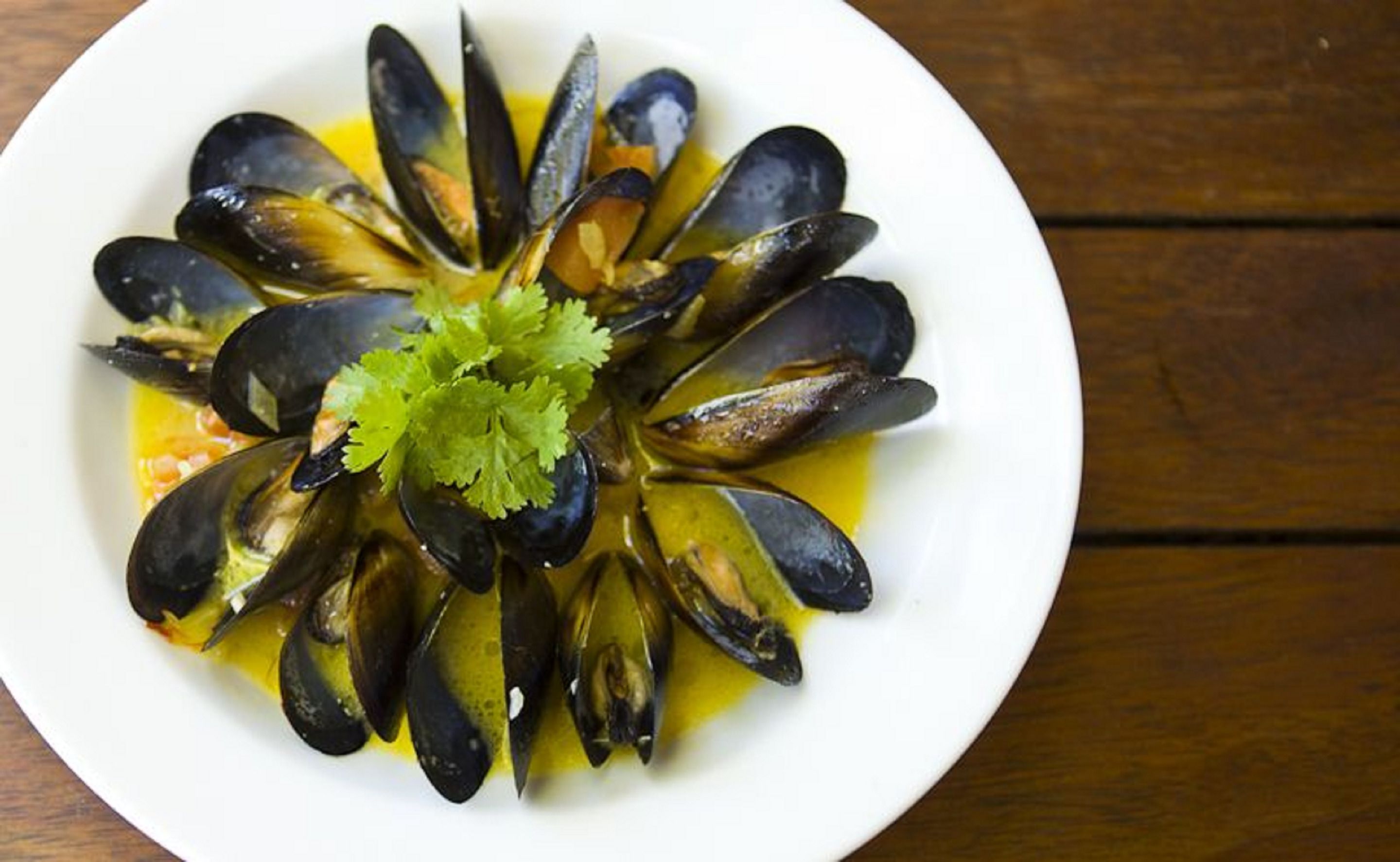 A plate of mussels arranged in a circular pattern with a garnish of green leaves.