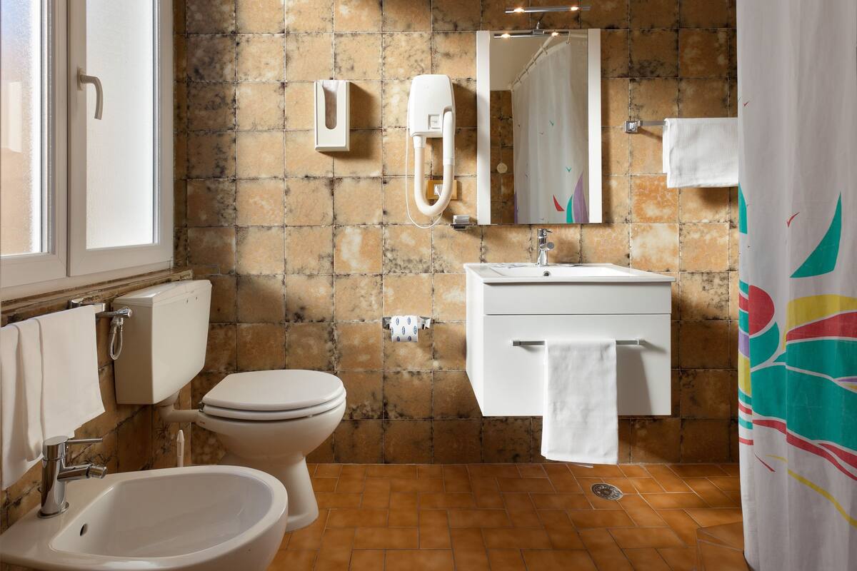 A bathroom with a toilet, bidet, sink, and mirror.
