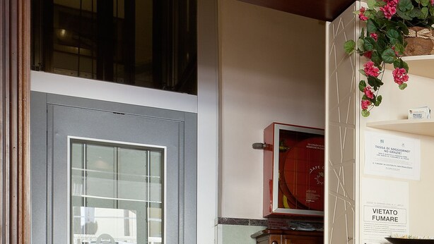 Entrada de un hotel con puerta de vidrio, mostrador de recepción y planta decorativa.