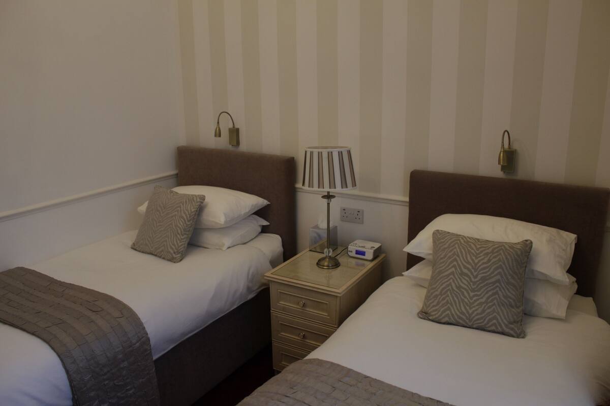 A hotel room with two single beds, a nightstand with a lamp, and a wall-mounted electrical outlet.