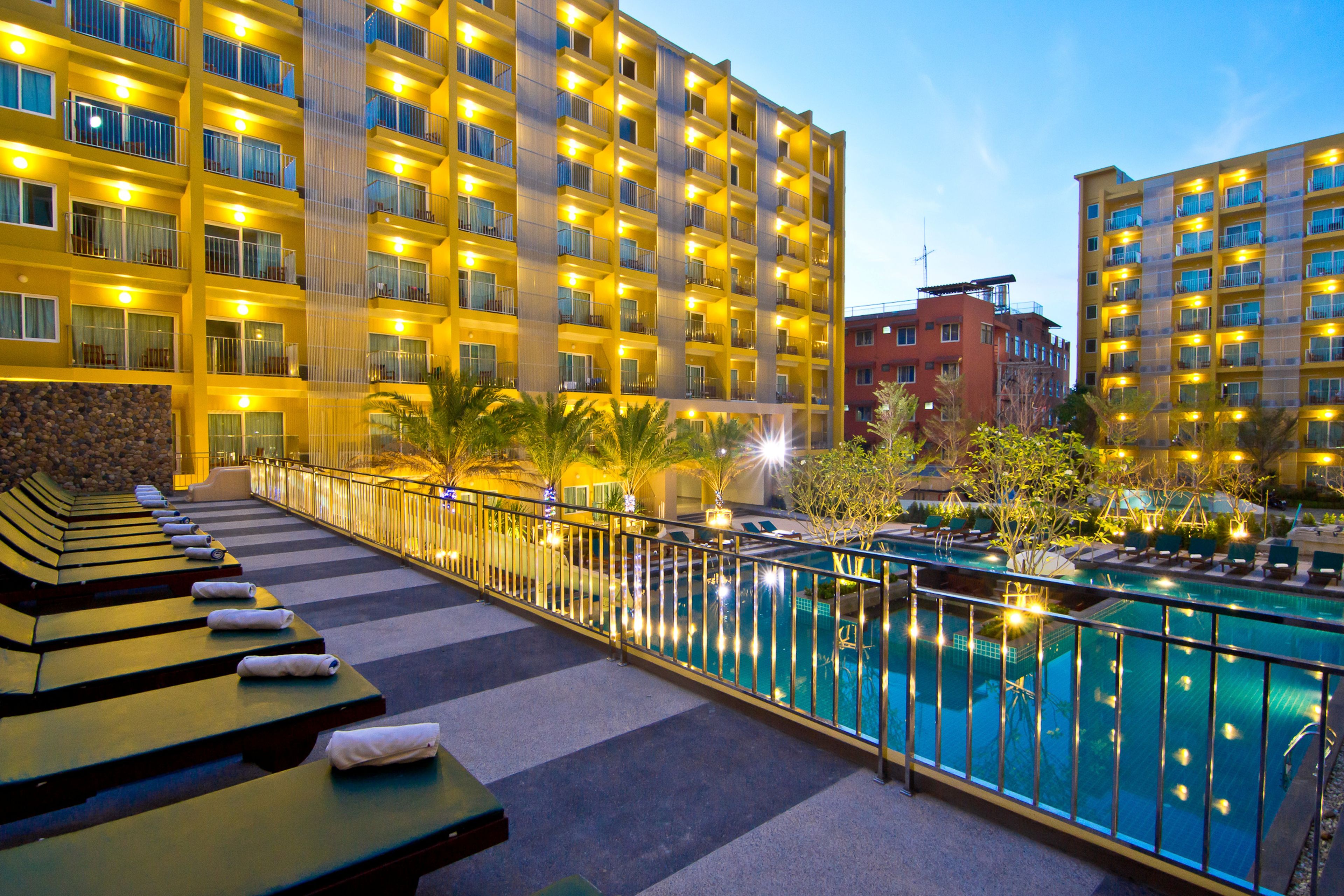 Outdoor pool, pool umbrellas, pool loungers